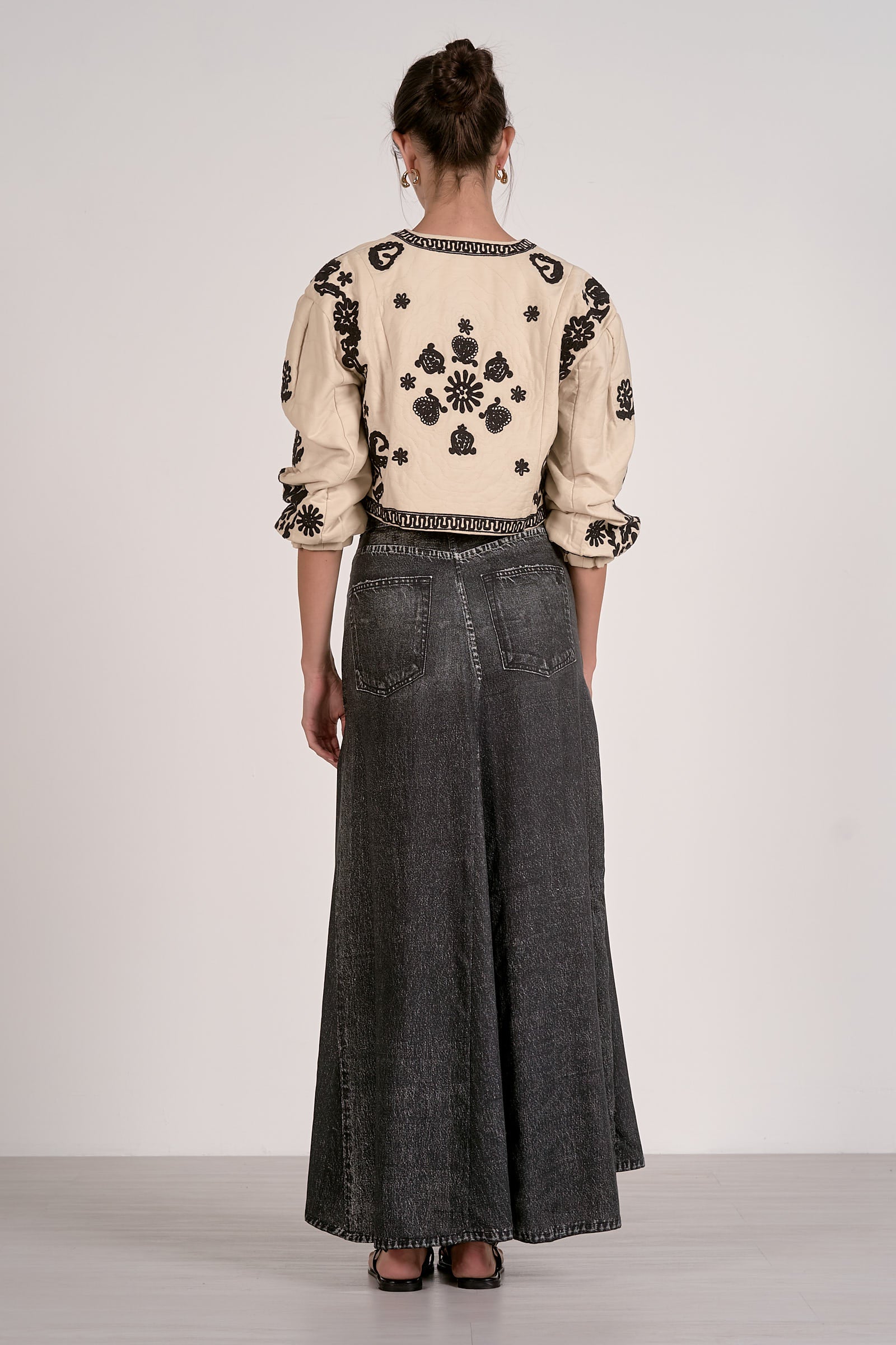 Beige 3/4 Sleeve  Black Embroidery Border Tie Front Jacket