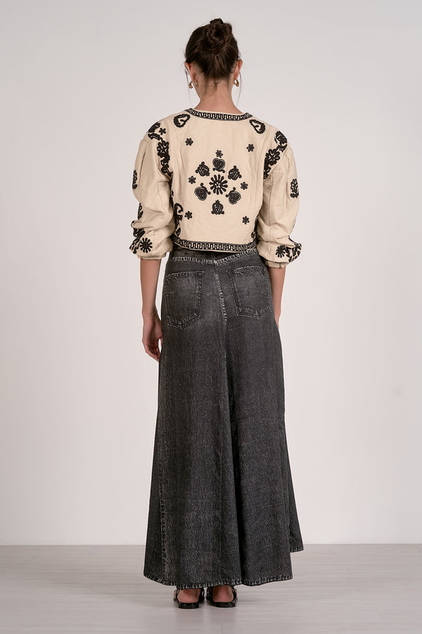 Beige 3/4 Sleeve  Black Embroidery Border Tie Front Jacket