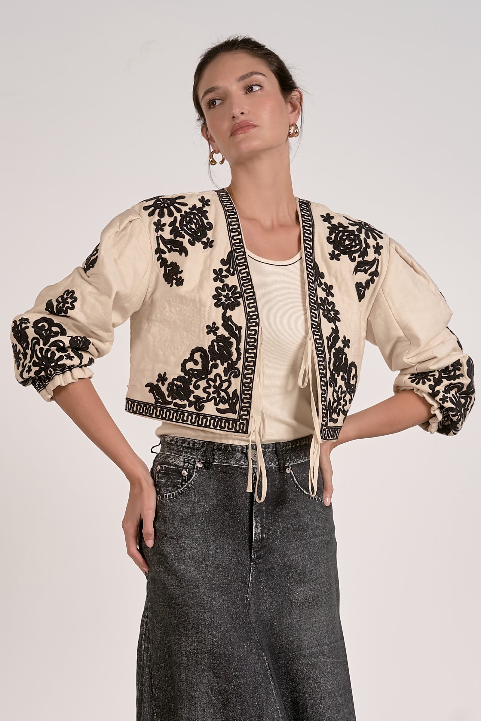 Beige 3/4 Sleeve  Black Embroidery Border Tie Front Jacket