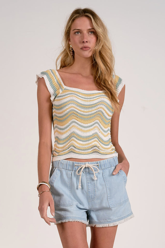 Multi Color Stripe Ruffle Sleeve knit Tank Top