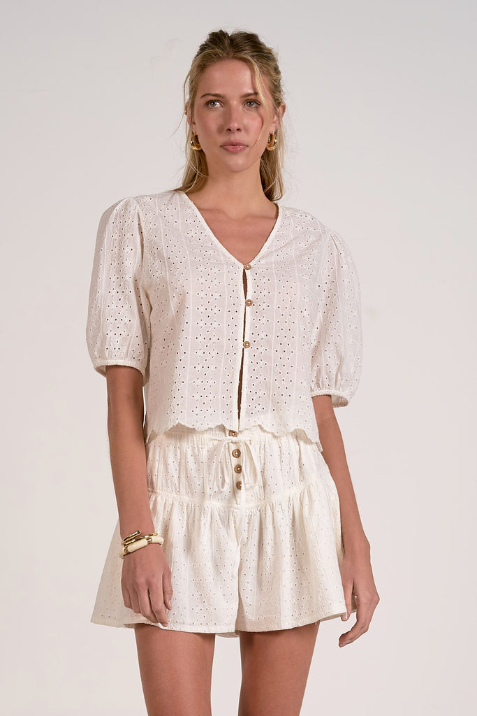 White Knit Tie Front Short Sleeve Top