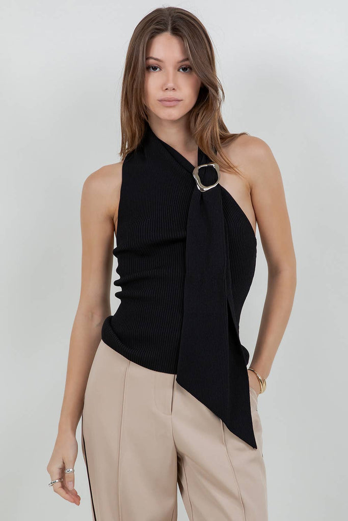Black Knitted One Shoulder Scarf Top Self Tie Metal Buckle