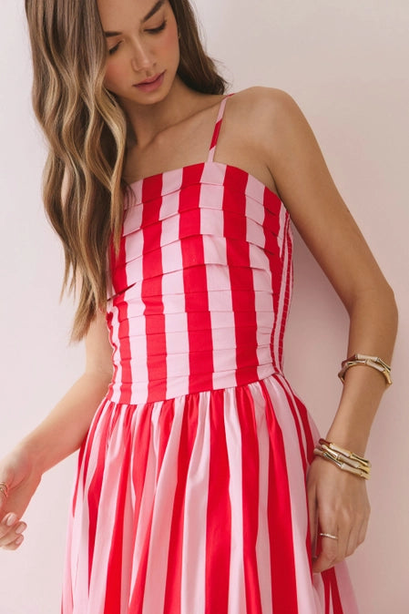 Red & Blush Striped Midi Dress