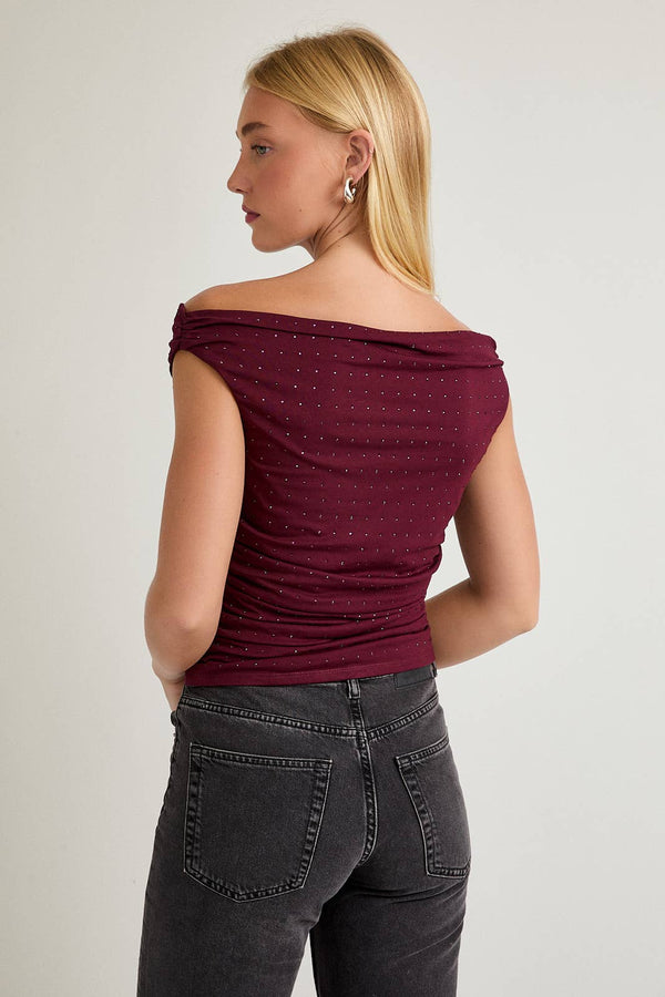 Off the Shoulder Top with Rhinestones Burgundy