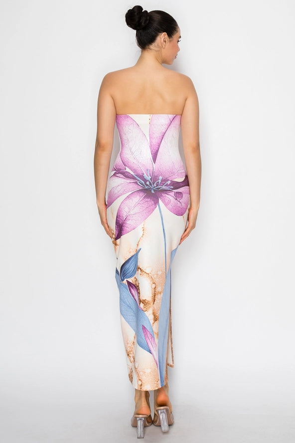 Floral Print Taupe Strapless Midi Dress