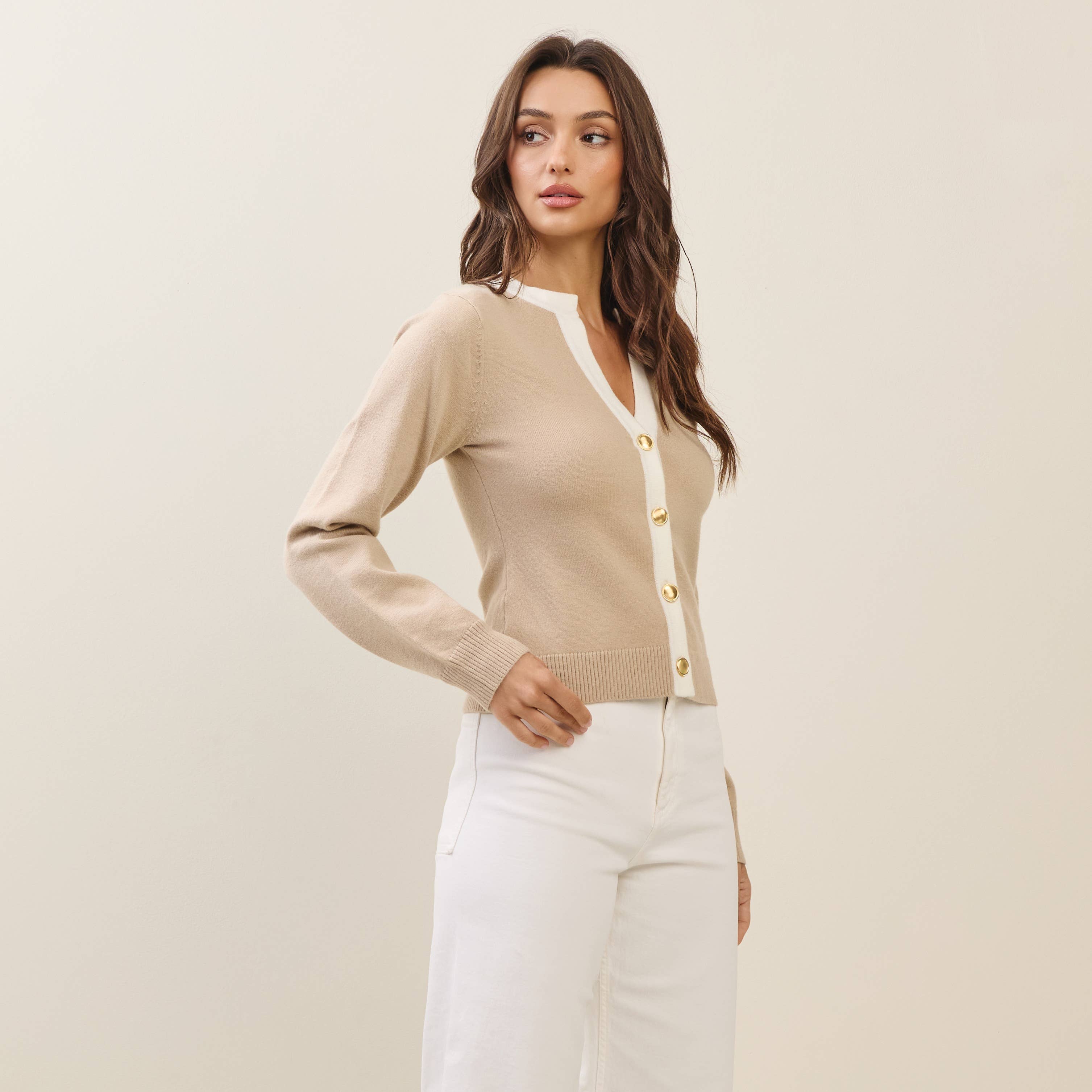 Women's boutique clothing in taupe and white cardigan with gold buttons, perfect for summer collection and new arrivals.