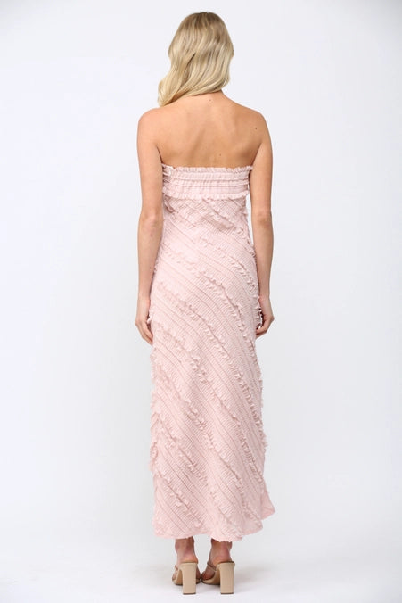 Dusty Pink Textured Diagonal Ruffle Detail Strapless Maxi Dress