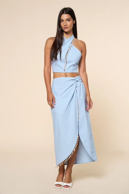 Lt Blue Crisscross Halter Crop Top w/ Shell & Bead Trim