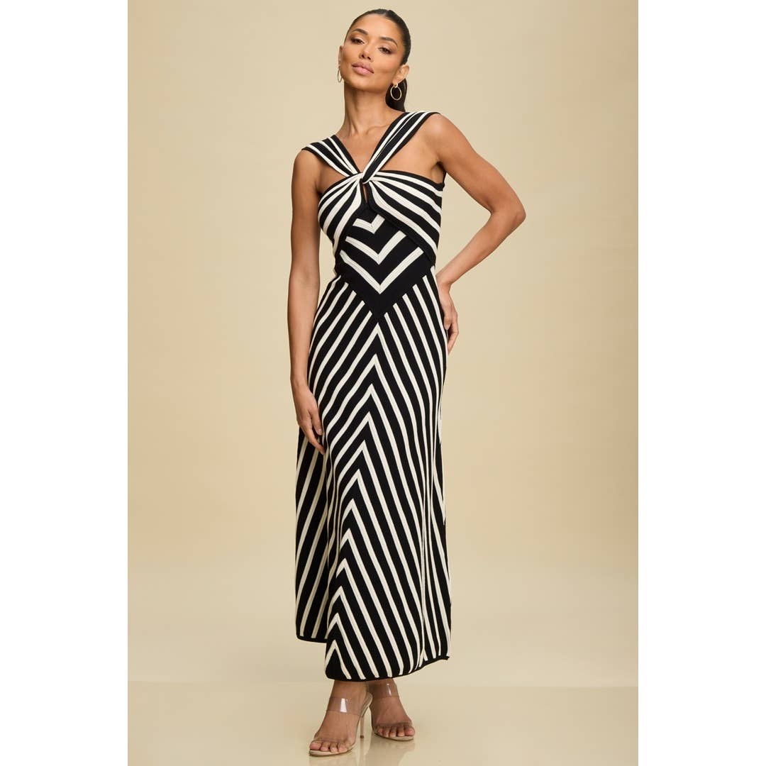 Black & white knit midi dress for women, perfect for resort wear and new arrivals at a women's boutique clothing store.