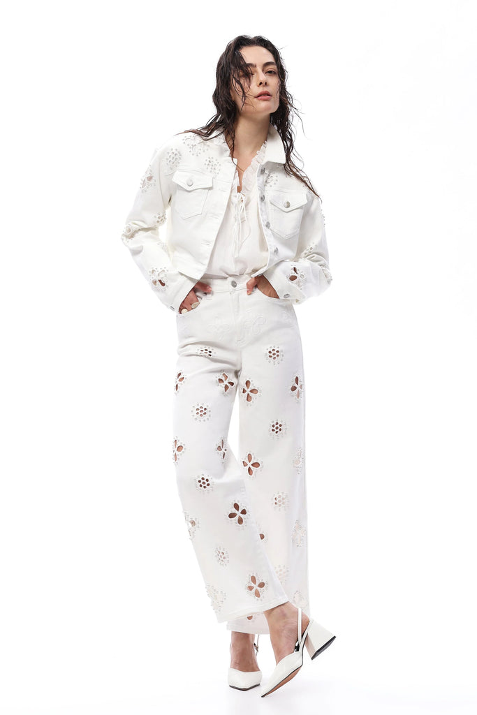 Pearl Petal Cutout Wide Leg Jeans