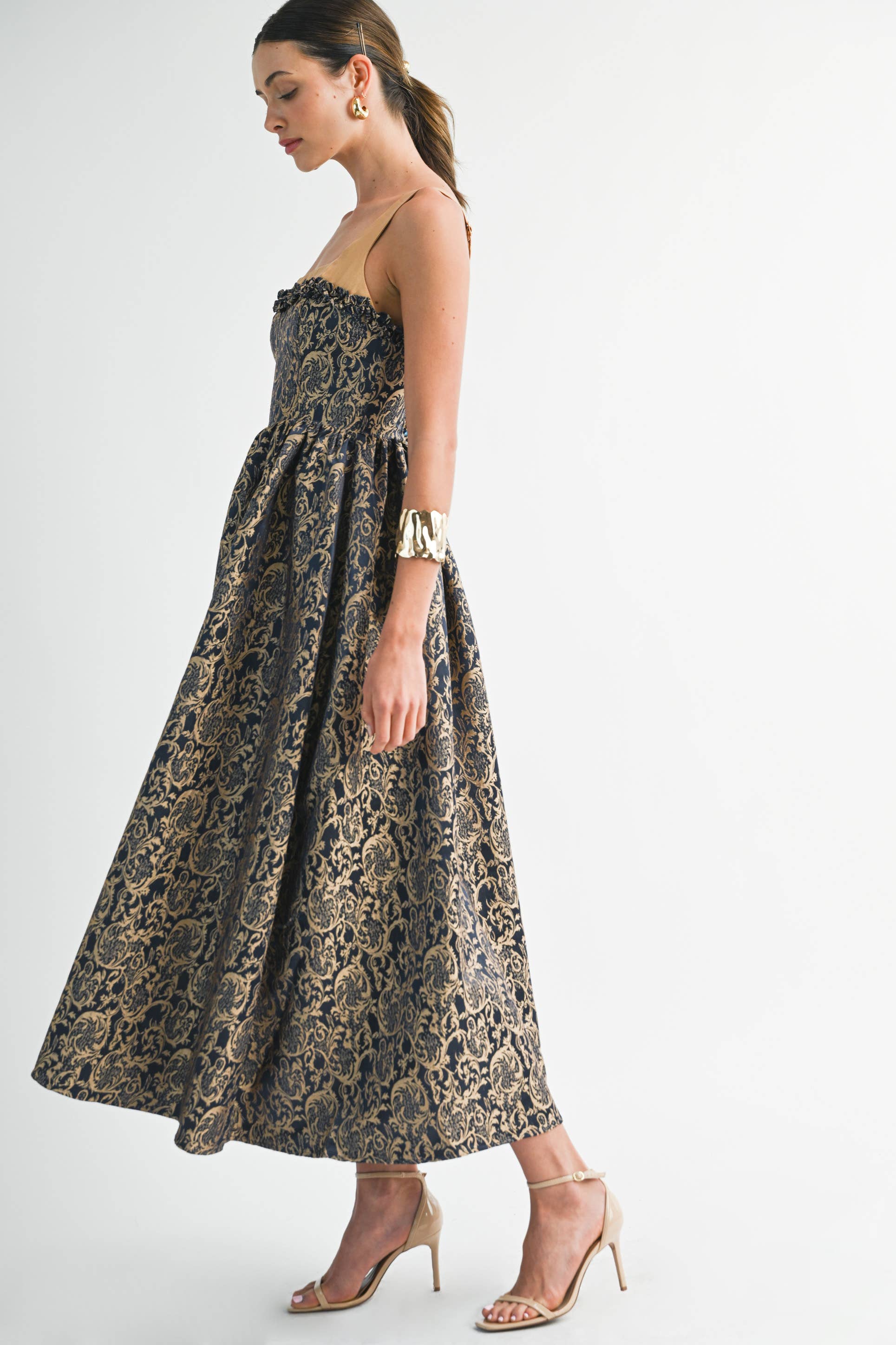 Elegant women's boutique clothing, gold & navy damask midi dress, perfect for resort wear and summer collection. New arrivals boutique.