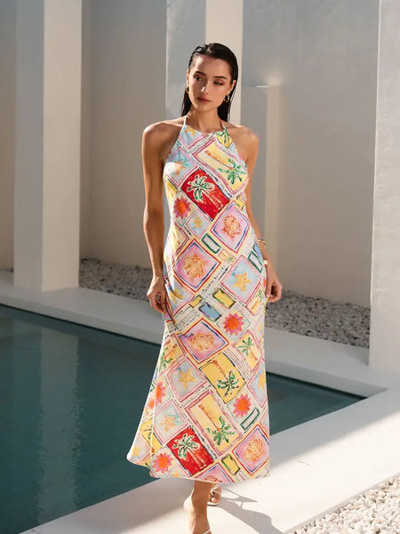 Tropical Print Multi Color Halter Maxi Dress