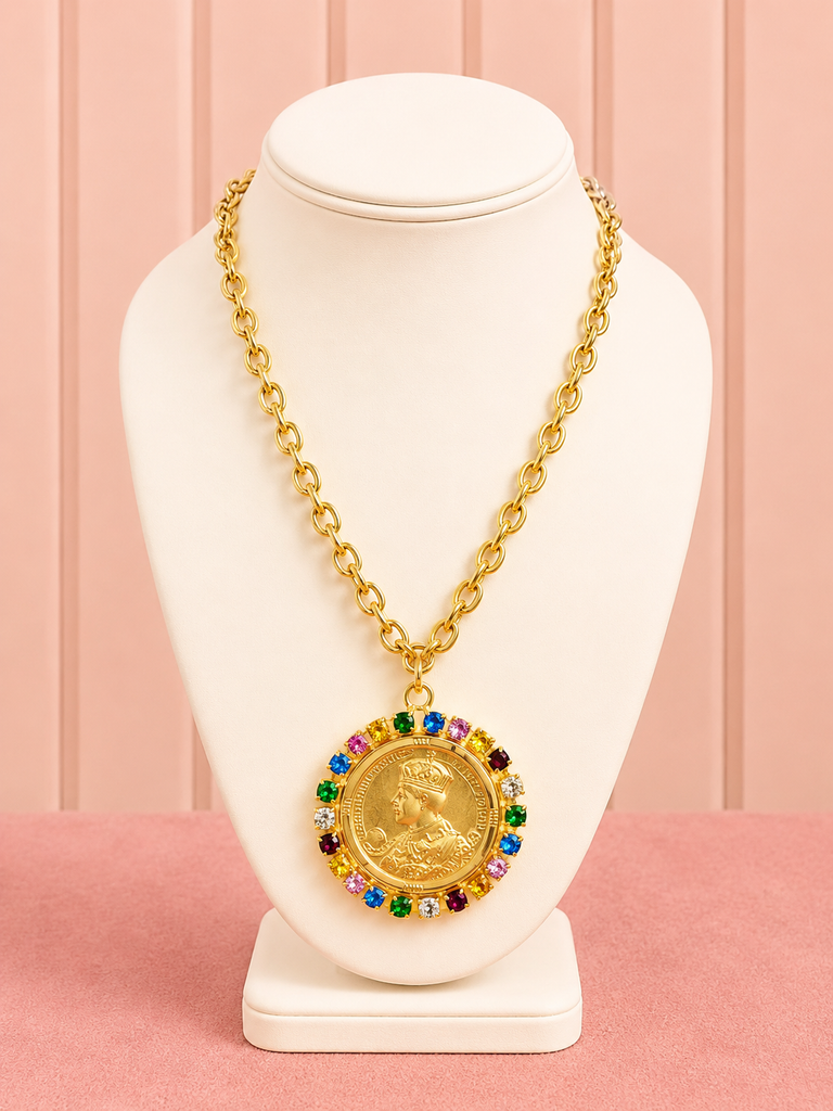 Gemstone Halo Coin Necklace