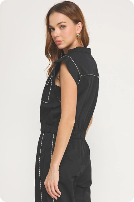 Black & Taupe Contrast Stripe Piping Detail Poplin Vest Top