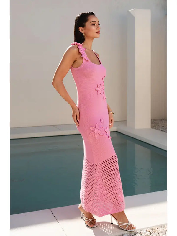 Floral Applique Crochet Bottom Knit Maxi Dress