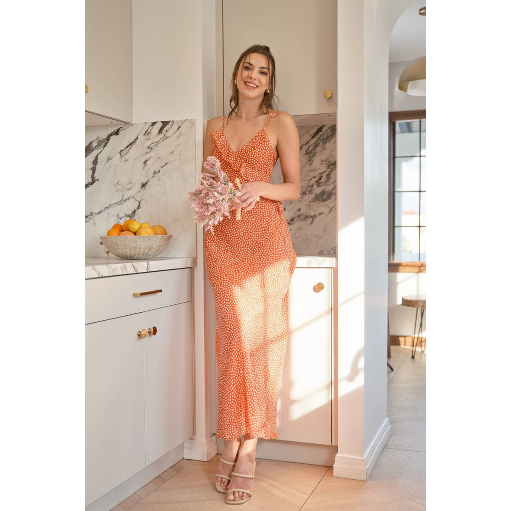 Chiffon Ruffled Polka Dot Slip Maxi Dress Orange L / Orange Chiffon Ruffled Polka Dot Slip Maxi Dress Orange L / Orange