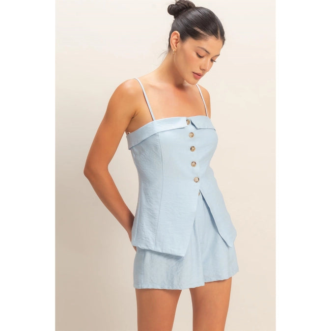 Strap Buttoned Top And Shorts Set