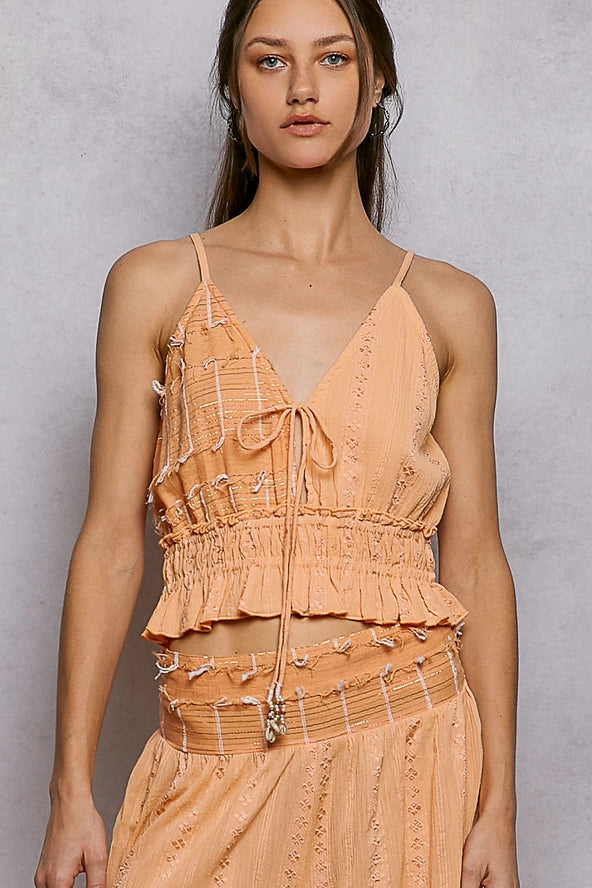 Apricot Textured Tie-Front Smocked Peplum Cami