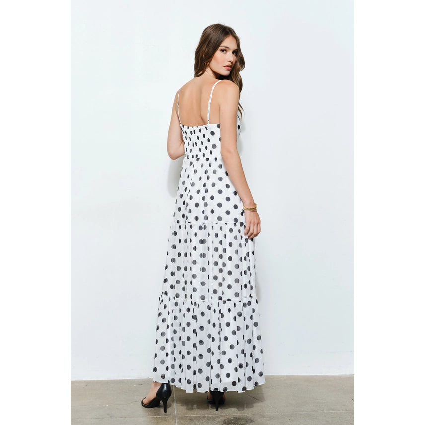 Gold Metal Accent Polka Dot Tiered Maxi Dress