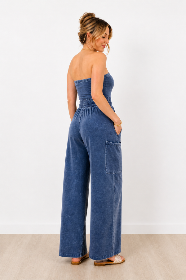 Mineral Wash Waist Tie Strapless Jumpsuit