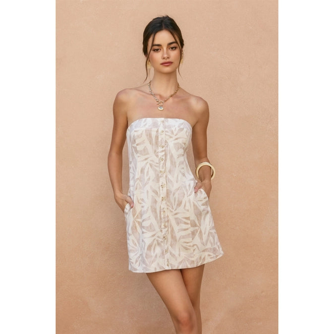 Driftwood Dreams Button Placket Strapless Mini Dress