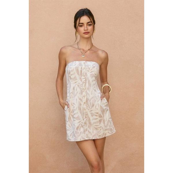 Driftwood Dreams Button Placket Strapless Mini Dress