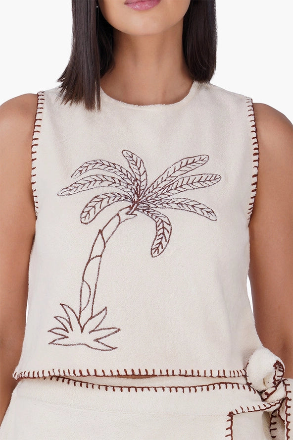 Palm Embroidered Seaside Terry Top