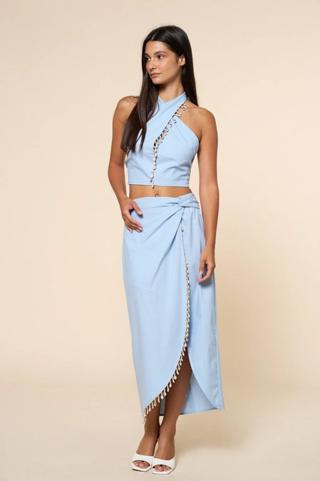 Lt Blue Shell & Beads Trim Warp Midi Skirt