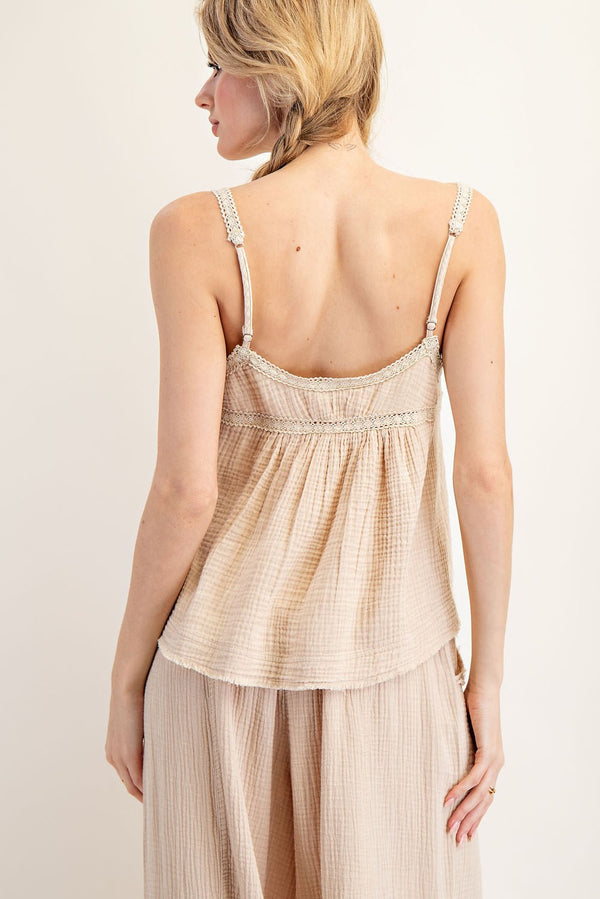 Mineral Washed Tie Front Lace Strap Top