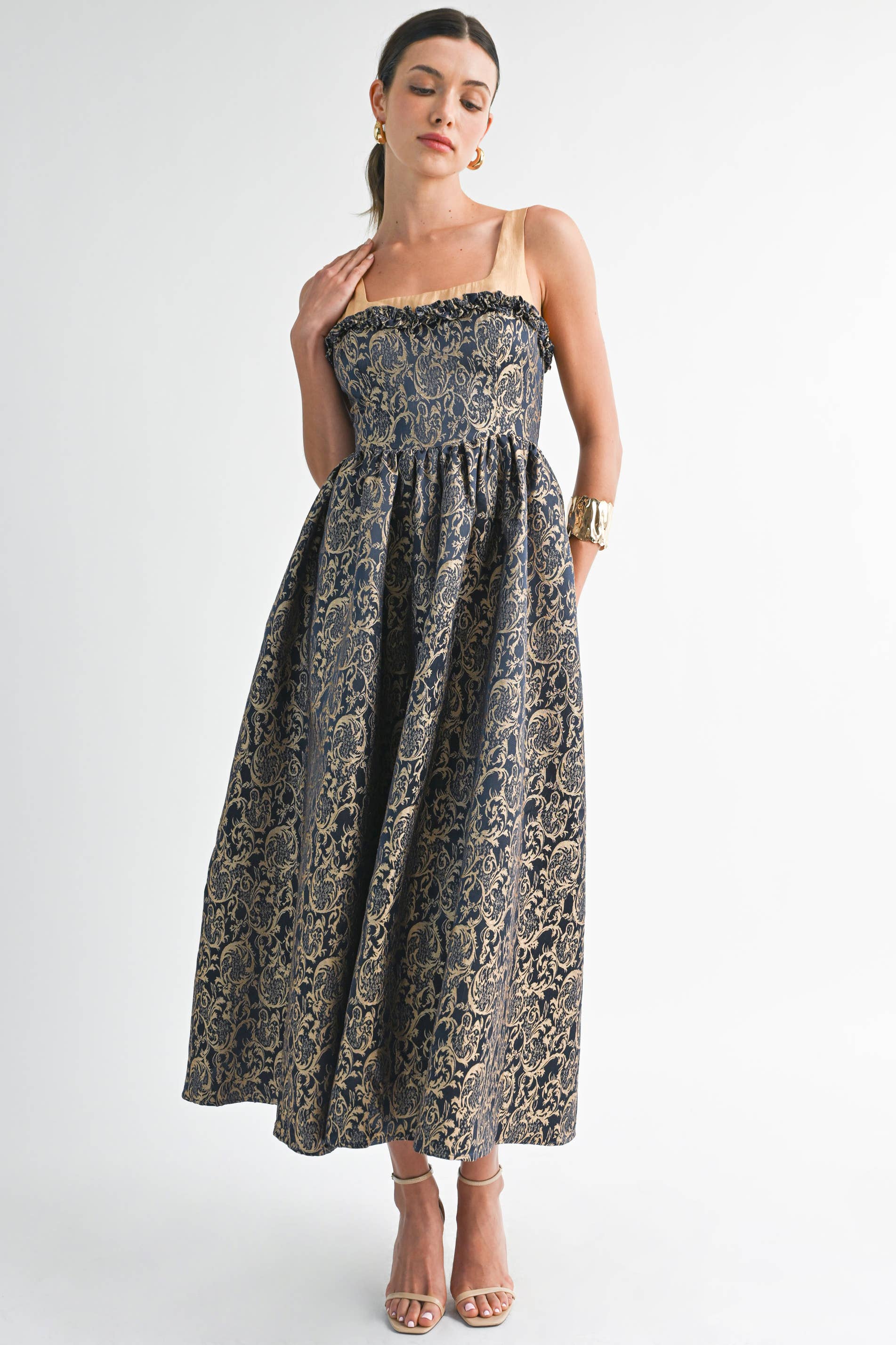 Elegant women's boutique clothing, gold & navy damask midi dress, perfect for resort wear and summer collection boutique.