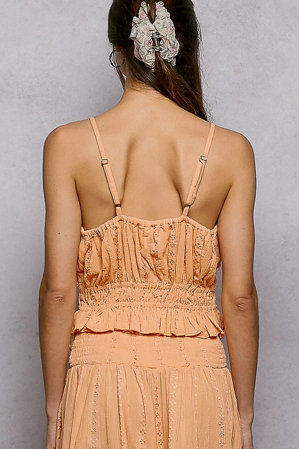 Apricot Textured Tie-Front Smocked Peplum Cami