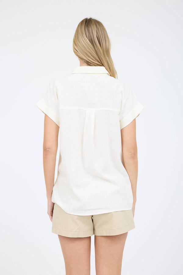 Off White Collared Button Down Short Roll Sleeve Shirt