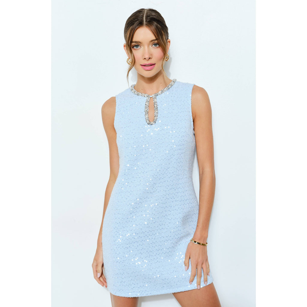 Sleeveless blue tweed mini dress with sequins and jeweled neckline, perfect for women's boutique clothing and summer collection.