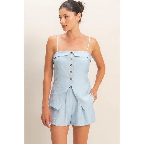 Strap Buttoned Top And Shorts Set