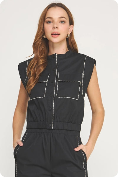 Black & Taupe Contrast Stripe Piping Detail Poplin Vest Top