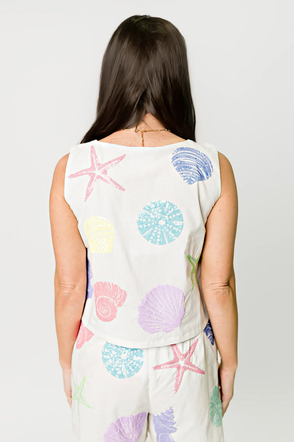 Seashell Sequin White Top