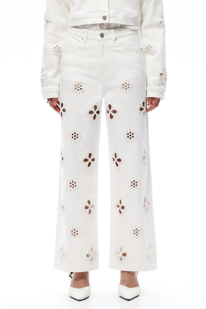 Pearl Petal Cutout Wide Leg Jeans