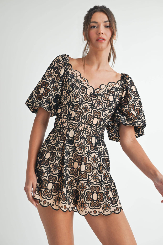Chic crochet short sleeve romper for women, perfect for resort wear and summer collection boutique. Exclusive women's fashion.