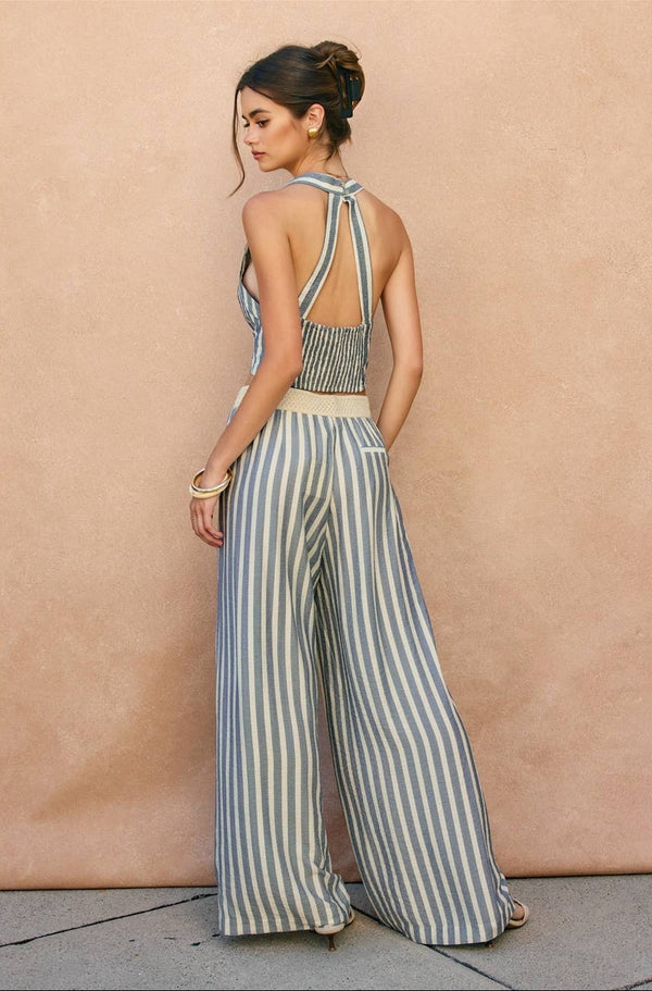 Chambray Stripes Saltwater Stripe Decorative Knit Waist Pants