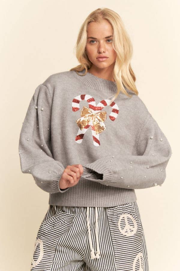 Sequin Xmas Candy Cane w/Pearl Sleeves