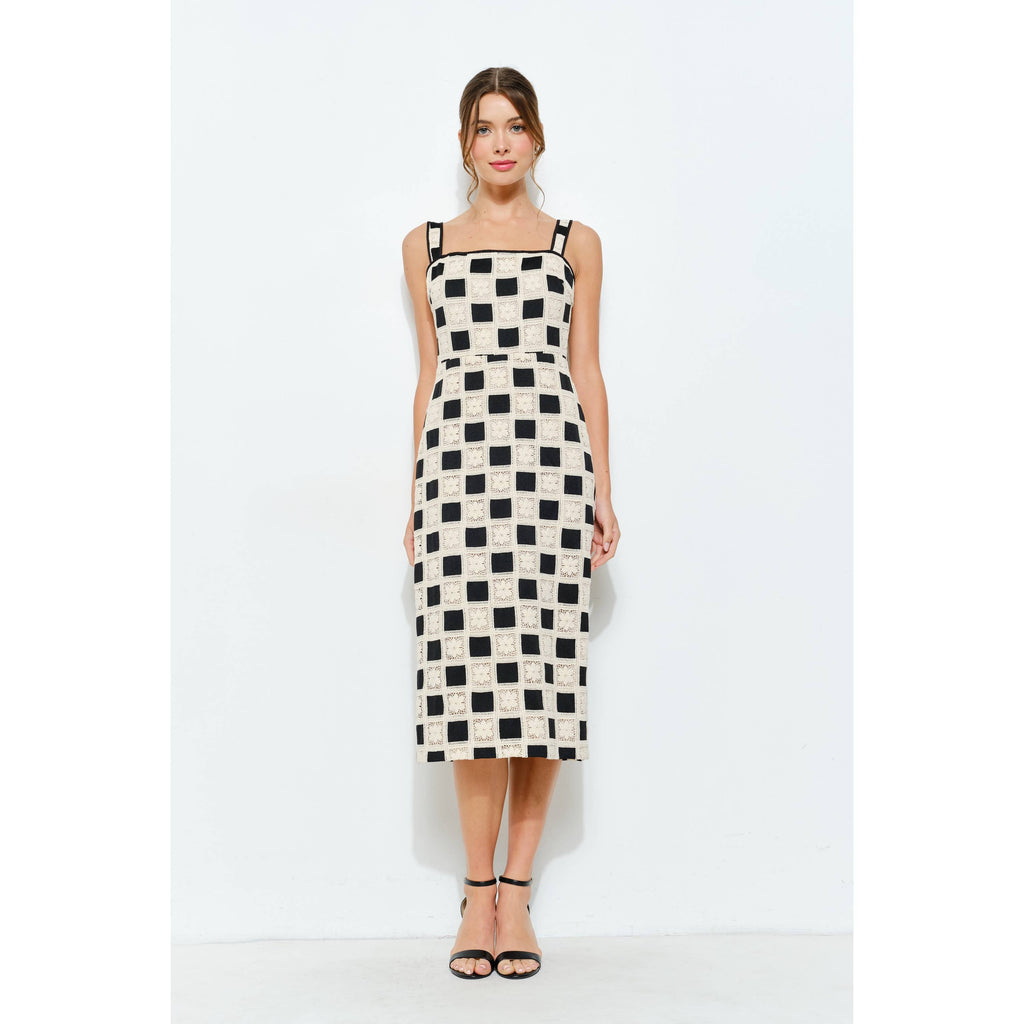 Sleeveless square lace panel midi dress from a women's boutique, perfect for summer collection and resort wear.