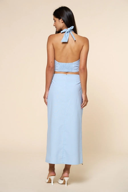 Lt Blue Crisscross Halter Crop Top w/ Shell & Bead Trim
