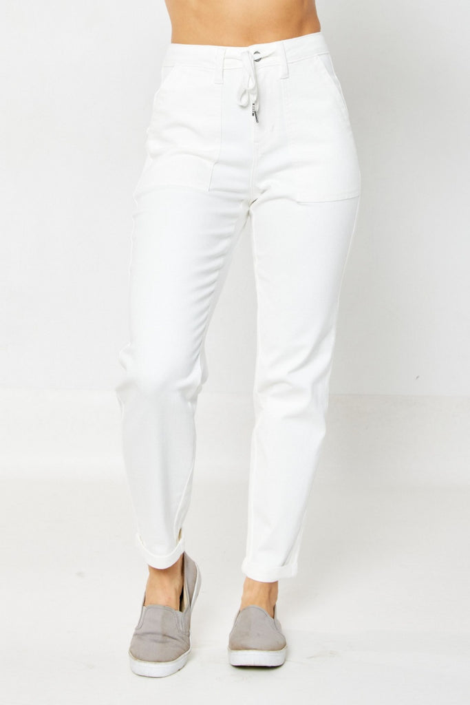 High waist cuffed joggers in white, perfect for women's boutique clothing and summer collection, versatile style.