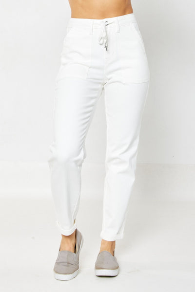 High waist cuffed joggers in white, perfect for women's boutique clothing and summer collection, versatile style.