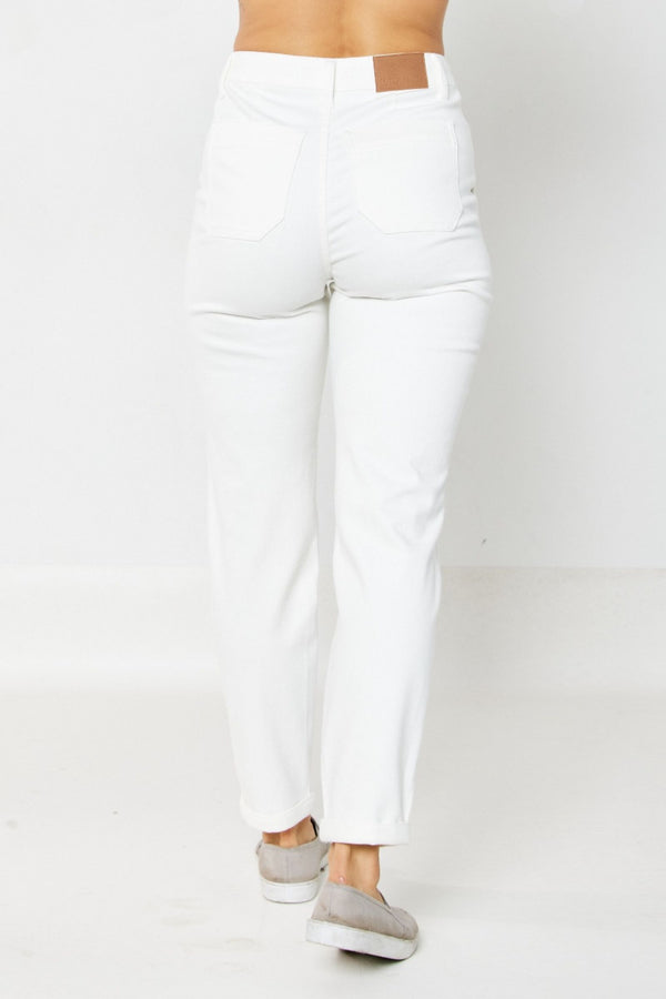 Back view of high waist cuffed joggers in white, ideal for women's boutique clothing and summer collection outfits.