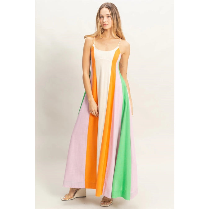 Strappy Orange Pink Green Cream Colorblock Maxi Dress