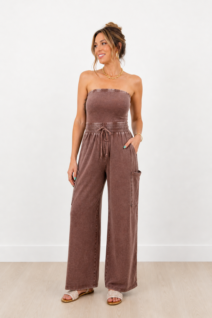 Mineral Wash Waist Tie Strapless Jumpsuit