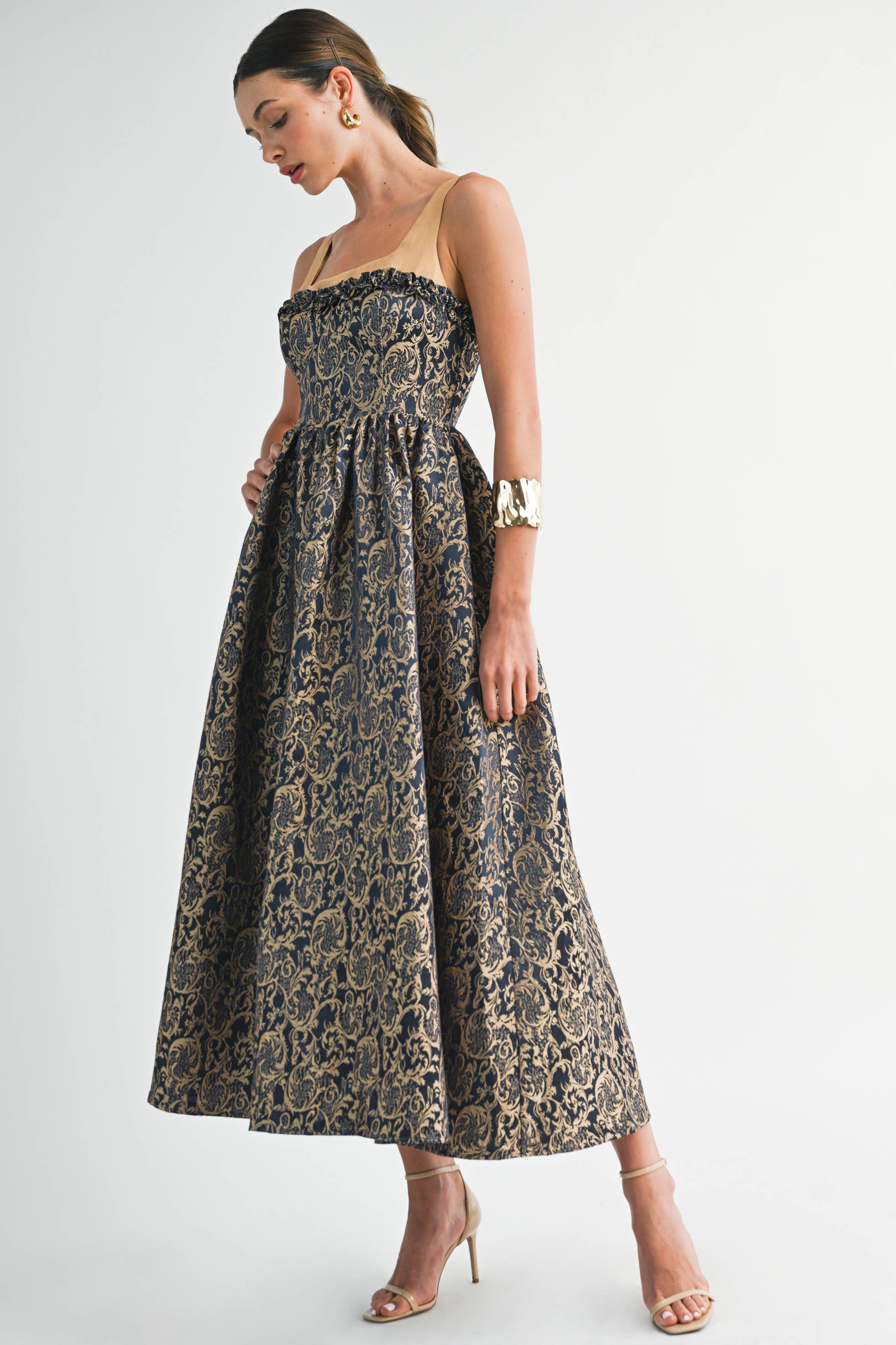 Women's boutique clothing: elegant Damask Gold & Navy Midi Dress, perfect for resort wear and summer collections.