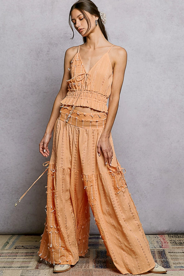 Apricot Smocked Waist Textured Palazzo Pants