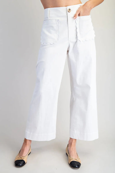 Seaside Scallop Pockets Wide Leg  White Pants